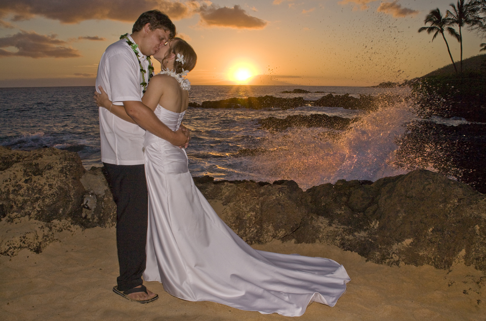 waves crash at wedding at Makena Cove